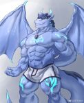2_horns 5_fingers abs anthro ball_outline biceps black_hair blue_body blue_dragon_(kutedragon) blue_markings blue_scales blue_tattoo bottomwear bulge chest_tattoo clothed clothing detailed_bulge digital_media_(artwork) dragon electricity_symbol facial_spikes fangs fingers hair hand_behind_back head_horn hi_res horn jaw_spikes jewelry lantiangou male markings membrane_(anatomy) membranous_wings muscular muscular_anthro muscular_arms muscular_male muscular_thighs necklace nipples pecs pendant pseudo_hair scale_hair scales scalie shorts solo spikes spikes_(anatomy) spread_wings standing tail tail_markings tattoo teeth topless topless_anthro topless_male weibo weibo_logo white_bottomwear white_clothing white_shorts wings yellow_eyes