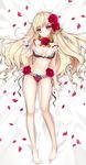  :o absurdres bare_legs barefoot bed_sheet blonde_hair blush bra breasts cinia_pacifica cleavage dakimakura drill_hair flower highres lingerie long_hair lying medium_breasts nail_polish navel neck_ribbon off_shoulder on_back panties petals pink_eyes primcoco red_bra red_panties ribbon rose rose_petals sheet_grab shiny shiny_skin solo strap_slip sword_girls underwear underwear_only very_long_hair wrist_cuffs 