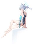  1girl absurdres animal_ears bare_arms bare_legs bare_shoulders barefoot black_one-piece_swimsuit blue_archive blue_eyes blue_halo breasts closed_mouth competition_swimsuit extra_ears full_body ggab0621 grey_hair halo highres medium_breasts medium_hair official_alternate_costume one-piece_swimsuit ponytail shiroko_(blue_archive) shiroko_(swimsuit)_(blue_archive) solo swimsuit wolf_ears 