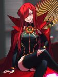  cape chain collared_cape detached_sleeves facing_viewer family_crest fate/grand_order fate_(series) hair_over_one_eye hands_on_lap highres medallion oda_nobunaga_(fate) oda_nobunaga_(maou_avenger)_(fate) oda_uri popped_collar red_cape red_eyes red_hair sempon_(doppio_note) sitting 