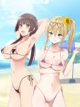  2girls aihara_yuzu areola_slip armpits bad_id bad_pixiv_id bikini blonde_hair blunt_bangs blush breasts brown_hair citrus_(saburouta) earrings gangshangguang_(smjy5842) green_eyes highres jewelry large_breasts long_hair looking_at_viewer low_twintails multiple_girls side_ponytail swimsuit taniguchi_harumi thong_bikini tongue tongue_out twintails 