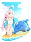  1girl ahoge beach bikini blue_archive blue_eyes blue_jacket blush cloud collarbone day fang flat_chest frilled_bikini frills hair_bobbles hair_ornament halo hariyaa heterochromia highres hoshino_(blue_archive) hoshino_(swimsuit)_(blue_archive) inflatable_toy jacket kneeling looking_at_viewer low_twintails navel open_clothes open_jacket open_mouth outdoors sand sandals smile solo sunglasses swimsuit twintails w water white_bikini yellow_eyes 