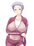  breasts green_eyes large_breasts light_smile original purple_hair r44 short_hair solo track_suit transparent_background wide_hips zipper 