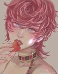  1girl bare_shoulders blue_eyes blush collarbone food fruit highres holding holding_food holding_fruit jojo_no_kimyou_na_bouken looking_at_viewer parted_lips pink_hair ringovalent short_hair solo strawberry trish_una upper_body vento_aureo 
