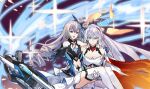  2girls blue_eyes braid bronya_zaychik bronya_zaychik_(herrscher_of_reason) carrying closed_mouth gloves grey_hair highres honkai_(series) honkai_impact_3rd kiana_kaslana kiana_kaslana_(herrscher_of_flamescion) long_hair multiple_girls open_mouth princess_carry shiying_no_yao thighhighs twin_braids white_hair 