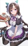  1girl alternate_costume animal_ears apron blush braid breasts closed_mouth enmaided food hair_ornament haskap highres hokko_tarumae_(umamusume) horse_ears horse_girl kuze_kaname large_breasts long_braid long_hair looking_at_viewer maid maid_headdress plate purple_eyes seiza simple_background sitting smile solo tea tray twin_braids umamusume white_background 