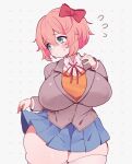  1girl absurdres alternate_breast_size blue_eyes blue_skirt bow breasts clarevoir clothes_lift covered_nipples doki_doki_literature_club flying_sweatdrops hair_bow highres huge_breasts orange_shirt pink_bow pink_hair pleated_skirt polka_dot polka_dot_background red_ribbon ribbon sayori_(doki_doki_literature_club) school_uniform sexually_suggestive shirt skirt skirt_lift solo sweatdrop thick_thighs thighs white_background 