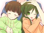  2boys blush brown_hair closed_eyes free! funikurikurara green_eyes head_out_of_frame long_hair multiple_boys short_hair siblings tachibana_makoto tachibana_ran_(free!) tachibana_ren_(free!) twintails 