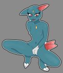 :3 absurd_res anthro areola biped blue_body blue_fur breasts butt_from_the_front chest_gem claws crouching e10109 eyelashes feathers female forehead_gem fur generation_2_pokemon genitals hand_covering_pussy hi_res looking_down nintendo nipples open_mouth outline pokemon pokemon_(species) presenting presenting_pussy pussy simple_background small_breasts sneasel solo teeth thick_thighs toe_claws tongue