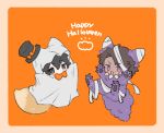  2boys animal_ears bandages black_eyes black_hair bow bowtie brown_hair chibi dark-skinned_male dark_skin e.g.o_(project_moon) fox_ears fox_tail ghost_costume hat heathcliff_(project_moon) limbus_company multiple_boys open_mouth orange_bow orange_bowtie project_moon purple_eyes smile tail top_hat uchimura_(rino0525) wolf_ears wolf_tail yi_sang_(project_moon) 