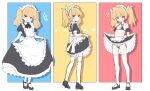  1girl absurdres ahoge alternate_costume anger_vein apron bikini black_bikini black_dress black_footwear blonde_hair blue_archive closed_mouth dress enmaided flat_chest frilled_apron frilled_dress frills grin heart highres lettu long_hair maid maid_apron maid_bikini maid_headdress multiple_views no_halo parted_lips shoes smile swimsuit thighhighs twintails unconventional_maid waist_apron white_apron white_thighhighs yellow_eyes yoshimi_(blue_archive) 