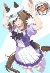  1girl animal_ears arms_up blue_eyes blush breasts brown_hair cheval_grand_(umamusume) commentary_request embarrassed hat highres horse_ears horse_girl horse_tail inu_(aerodog) looking_at_viewer medium_breasts open_mouth ribbon school_uniform simple_background solo tail thighhighs tracen_school_uniform umamusume umapyoi_densetsu 