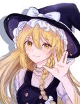  1girl black_headwear black_vest blonde_hair bow braid hair_bow hat hat_bow kirisame_marisa long_hair saku_39_33 shadow shirt single_braid smile solo touhou vest white_background white_bow white_shirt witch_hat yellow_eyes 