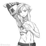  1boy arm_up belt commentary_request greyscale link male_focus monbetsu_kuniharu monochrome navel pointy_ears scar scar_on_arm scar_on_stomach shoulder_tattoo solo sweatdrop tattoo the_legend_of_zelda the_legend_of_zelda:_tears_of_the_kingdom toned toned_male topless_male twitter_username 