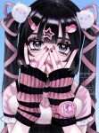  1girl animal_hair_ornament arm_warmers bandaid bandaid_on_hand black_hair commentary fur-trimmed_shirt fur_trim hair_ornament hair_ribbon hairclip hands_on_own_face hands_up highres jewelry layered_clothes long_hair looking_at_viewer min_(mts2314) nail_art nail_polish necklace purple_eyes ribbon ring shirt short_sleeves solo star_(symbol) star_hair_ornament straight-on striped_arm_warmers symbol-only_commentary tamagotchi twintails upper_body watch wristwatch 