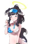  1girl animal_ears black_hair blue_archive blue_eyes blush breasts character_name clothes_writing dog_ears dog_girl dog_tail erogomatinpo goggles goggles_on_head hair_twirling halo hibiki_(blue_archive) hibiki_(cheer_squad)_(blue_archive) highres long_hair medium_breasts parted_lips ponytail simple_background solo tail white_background yellow_nails 