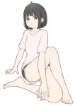  1girl 1ssakawaguchi barefoot black_eyes black_hair black_shorts blunt_bangs closed_mouth flexible full_body highres ichika_(1ssakawaguchi) knee_up light_blush looking_at_viewer original shirt short_hair short_sleeves shorts simple_background smile solo white_background white_shirt 