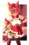  1girl absurdres animal_ears bare_shoulders black_thighhighs blush border breasts capelet cleavage commentary_request daiwa_scarlet_(scarlet_nuit_etoile)_(umamusume) daiwa_scarlet_(umamusume) dress ear_covers feet_out_of_frame fur-trimmed_capelet fur-trimmed_dress fur-trimmed_gloves fur_trim gloves hands_on_own_hips highres horse_ears horse_girl horse_tail indoors large_breasts long_hair looking_at_viewer official_alternate_costume official_alternate_hairstyle open_mouth red_capelet red_dress red_eyes red_gloves red_hair sarabure single_ear_cover solo tail thighhighs tiara umamusume white_border 