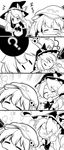  2girls 4koma =_= ? apron blush bow braid check_commentary closed_eyes comic commentary commentary_request dress frilled_apron frilled_hat frilled_sleeves frills futa_(nabezoko) greyscale hat hat_bow hat_removed hat_ribbon head_rest headwear_removed highres holding kawashiro_nitori kirisame_marisa long_hair maid_apron monochrome multiple_girls open_mouth puffy_short_sleeves puffy_sleeves removing_hat ribbon short_sleeves side_braid silent_comic single_braid sleeping solid_oval_eyes spoken_question_mark standing sweat sweatdrop touhou two_side_up very_long_hair wavy_mouth witch witch_hat zzz |_| 