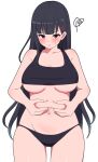  1girl ass_visible_through_thighs bare_arms black_hair black_panties black_shirt blunt_bangs blush breasts brown_eyes closed_mouth cowboy_shot crop_top curvy frown hair_ornament hairclip highres large_breasts lips long_hair looking_at_viewer mole mole_under_eye navel original panties plump shirt simple_background solo squiggle standing stomach sweatdrop underboob underwear v-shaped_eyebrows very_long_hair weight_conscious white_background zlmh7okwwbmghfo 