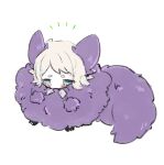  1girl animal_ears blue_eyes blush chibi coat e.g.o_(project_moon) faust_(project_moon) fluffy limbus_company pom_pom_(clothes) project_moon purple_coat short_hair simple_background solo uchimura_(rino0525) white_background white_hair wolf_ears 