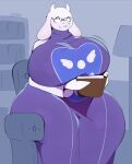 anthro big_breasts book boss_monster bovid breasts caprine chair clothed clothing eyewear female furniture glasses holding_object huge_breasts kkoart mammal mature_female smile solo thick_thighs toriel undertale undertale_(series) white_body