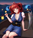  1girl blush boat breasts brown_sash cleavage dress hair_bobbles hair_ornament highres hitodama holding holding_scythe lantern large_breasts looking_at_viewer onozuka_komachi red_eyes red_hair sash scythe short_sleeves sitting skirt smile solo touhou two_side_up watercraft yyf_(seaknight) 