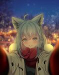  1girl ahoge animal_ear_fluff animal_ears blurry blurry_background blush braid commentary_request earrings fox_ears fox_girl green_eyes hair_between_eyes hololive jacket jewelry kumarang long_hair looking_at_viewer outstretched_arms red_scarf scarf shirakami_fubuki sidelocks single_braid smile solo virtual_youtuber white_hair white_jacket 
