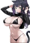  animal_ears arknights bikini black_bikini black_hair black_shrug breasts cat_ears cat_girl cat_tail cleavage cowboy_shot extra_ears gladius_pvp green_eyes hair_intakes hand_in_own_hair hands_up highres jessica_(arknights) jessica_the_liberated_(arknights) large_breasts long_hair looking_at_viewer navel ponytail shrug_(clothing) swimsuit tail white_background 