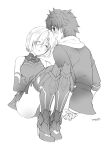  1boy 1girl armor armored_dress blush breasts elbow_gloves fate/grand_order fate_(series) fujimaru_ritsuka_(male) fujimaru_ritsuka_(male)_(true_ether_chaldea_uniform) gloves greaves greyscale highres invisible_chair large_breasts leaning_on_person looking_at_another mash_kyrielight monochrome nakashima_tai sabaton scarf short_hair simple_background sitting sleeping sleeveless sweat upskirt 