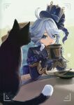  1girl animal black_cat black_gloves blue_eyes blue_hair cat commentary_request cup furina_(genshin_impact) genshin_impact gloves hair_between_eyes hat highres holding holding_cup light_smile long_hair long_sleeves multicolored_hair open_mouth paserin_ekaku plate sitting solo spoon streaked_hair table upper_body viewfinder white_hair 