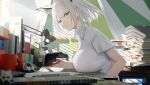  1girl alternate_costume animal_ears arknights book book_stack breasts cat_ears desk green_eyes holding holding_pen kal&#039;tsit_(arknights) large_breasts looking_at_viewer omone_hokoma_agm pen shirt short_hair solo white_hair white_shirt 