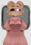 1girl artist_request black_eyes breasts buck_teeth dress glitch looking_at_viewer mouse mouse_girl mousy_(piggy) non-web_source orange_hair piggy_(game) pink_dress pink_pupils sad tagme teeth television 