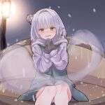  1girl absurdres bench facing_viewer ghost gloves green_vest hairband highres konpaku_youmu konpaku_youmu_(ghost) lamppost medium_hair on_bench open_mouth outdoors park_bench riripika_2525 sitting sitting_on_bench skirt solo touhou vest white_hair winter 