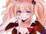  1girl bead_necklace beads bear_hair_ornament black_shirt blonde_hair blue_eyes bow breasts cleavage closed_mouth collarbone danganronpa:_trigger_happy_havoc danganronpa_(series) enoshima_junko fingernails grin hair_ornament hand_up highres jewelry long_hair necklace neiro_(re_neiro22) red_bow sharp_fingernails shirt simple_background smile solo teeth twintails upper_body 