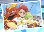  1girl 3boys :q broccoli buttons closed_mouth cloud commentary_request crispin_(pokemon) day food highres looking_at_viewer magmortar multicolored_hair multiple_boys neckerchief outdoors p_0_a pokemon pokemon_(creature) pokemon_sv red_hair rice sausage shirt short_sleeves sky sparkle tongue tongue_out watermark white_shirt yellow_neckerchief 