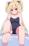  1girl absurdres arihara_nanami bare_shoulders barefoot black_one-piece_swimsuit blonde_hair blush breasts closed_mouth commentary covered_navel eyes_visible_through_hair feet foot_out_of_frame foot_up foreshortening hair_between_eyes halterneck highres long_hair looking_at_viewer medium_breasts one-piece_swimsuit red_eyes riddle_joker simple_background sitting smile soaking_feet soles solo split_mouth straight_hair swimsuit symbol-only_commentary toes two_side_up very_long_hair water white_background zlmh7okwwbmghfo 