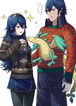  ... 1boy 1girl alternate_costume ameno_(a_meno0) black_sweater blue_eyes blush character_print christmas_sweater chrom_(fell_exalt)_(fire_emblem) chrom_(fire_emblem) commentary_request father_and_daughter fire_emblem fire_emblem_awakening gloves green_sweater hair_between_eyes height_difference long_hair long_sleeves lucina_(fire_emblem) multicolored_sweater red_sweater short_hair simple_background smile speech_bubble sweat sweater tiara ugly_sweater white_background white_gloves 