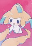  absurdres black_eyes blush colored_skin commentary_request hands_up highres jirachi no_humans open_mouth own_hands_together pink_background pokemon pokemon_(creature) shiramizore_(rate1026) solo sparkle white_skin 