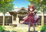  blue_sky brown_hair day detached_sleeves gohei hair_bobbles hair_ornament hair_tubes hakurei_reimu hakurei_shrine long_sleeves monmonga open_mouth red_eyes rope shimenawa shirt skirt skirt_set sky solo touhou tree wide_sleeves 