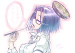 bespectacled blush breasts glasses kantai_collection large_breasts mechanical_halo mole mole_under_eye open_mouth pointer purple_eyes purple_hair ryou_(shirotsumesou) sexually_suggestive short_hair solo tatsuta_(kantai_collection) teacher tongue tongue_out translated 