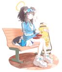  1girl animal_ears bench bento black_hair blue_archive blue_eyes blue_jacket bottle breasts chopsticks cleavage closed_mouth dog_ears dog_girl dog_tail eating eyewear_on_head full_body halo hariyaa hibiki_(blue_archive) hibiki_(cheer_squad)_(blue_archive) highres holding holding_chopsticks jacket long_sleeves medium_hair miniskirt mortar_(weapon) motion_lines partially_unzipped ponytail shoes sitting skirt small_breasts sneakers solo sound_effects star_sticker sunglasses tail water_bottle white_footwear white_skirt 