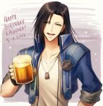  1boy absurdres alcohol beer beer_mug black_gloves black_hair blue_jacket commentary cropped_jacket cup dated dog_tags drink earrings eeveetachi final_fantasy final_fantasy_viii fingerless_gloves gloves green_eyes grey_background hair_over_one_eye hand_up happy_birthday highres holding holding_drink hoop_earrings jacket jewelry laguna_loire long_hair male_focus mug necklace open_clothes open_jacket open_mouth shirt sleeves_rolled_up smile solo twitter_username upper_body v-neck white_shirt 