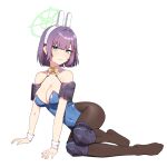  1girl absurdres animal_ears artpatient black_pantyhose blue_archive blue_leotard blush breasts cleavage closed_mouth collarbone detached_collar fake_animal_ears full_body green_eyes green_halo halo highres knee_pads large_breasts leotard looking_at_viewer pantyhose purple_hair rabbit_ears saki_(blue_archive) short_hair simple_background solo strapless strapless_leotard white_background wrist_cuffs 