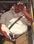 absurd_res anthro belly cellphone clothing dragon duo electronics eyes_closed eyewear galvo glasses hi_res horn lifewonders live_a_hero male mature_male musclegut phone polo_shirt red_body seatbelt shirt sleeping smartphone topwear yed