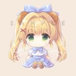  1girl 2018 animal_ears arms_at_sides artist_name bear_ears blonde_hair blue_bow blue_skirt blush_stickers bow chibi closed_mouth comiket_95 commentary_request dated eyes_visible_through_hair green_eyes hair_between_eyes hair_bow hair_intakes hair_ornament high-waist_skirt hoshimame_mana long_hair looking_at_viewer official_alternate_costume puffy_short_sleeves puffy_sleeves sample_watermark shirt short_sleeves sidelocks simple_background sitting skirt solo summer_pockets tareme tsumugi_wenders twintails watermark white_shirt x_hair_ornament yellow_background 