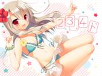  :d bikini blush bracelet fate/kaleid_liner_prisma_illya fate_(series) flower frilled_bikini frills front-tie_top hair_flower hair_ornament hibiscus illyasviel_von_einzbern jewelry long_hair looking_at_viewer miniskirt navel open_mouth red_eyes sazaki_ichiri shiny shiny_skin side-tie_bikini silver_hair skirt smile solo swimsuit 