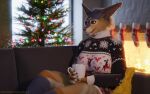 3d_(artwork) blizzard_entertainment candy canid chimney christmas clothing dessert digital_media_(artwork) evergreen_tree fireplace food garland hi_res holidays kaffe mammal marshmallow pine_tree plant realistic sweater topwear tree warcraft were werecanid worgen xmas_sock year