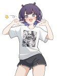  1girl @_@ absurdres bakedmonogamy black_shorts fang grey_eyes highres hololive hololive_english ninomae_ina&#039;nis ninomae_ina&#039;nis_(5th_costume) pointy_ears purple_hair shirt shorts star_(symbol) white_shirt 