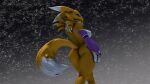 16:9 3d_(artwork) anthro armwear bandai_namco black_sclera blue_eyes breasts butt clothing digimon digimon_(species) digital_media_(artwork) female fur hi_res looking_back nipples nude pink_nipples purple_armwear purple_clothing renamon simple_background solo source_filmmaker white_body white_fur widescreen woofersfm yellow_body yellow_fur